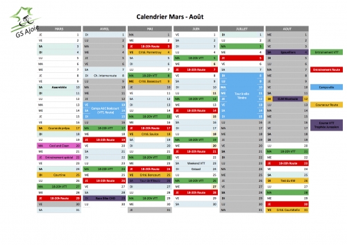 Calendrier Ecole Cyclisme - Mars-Aout 2018